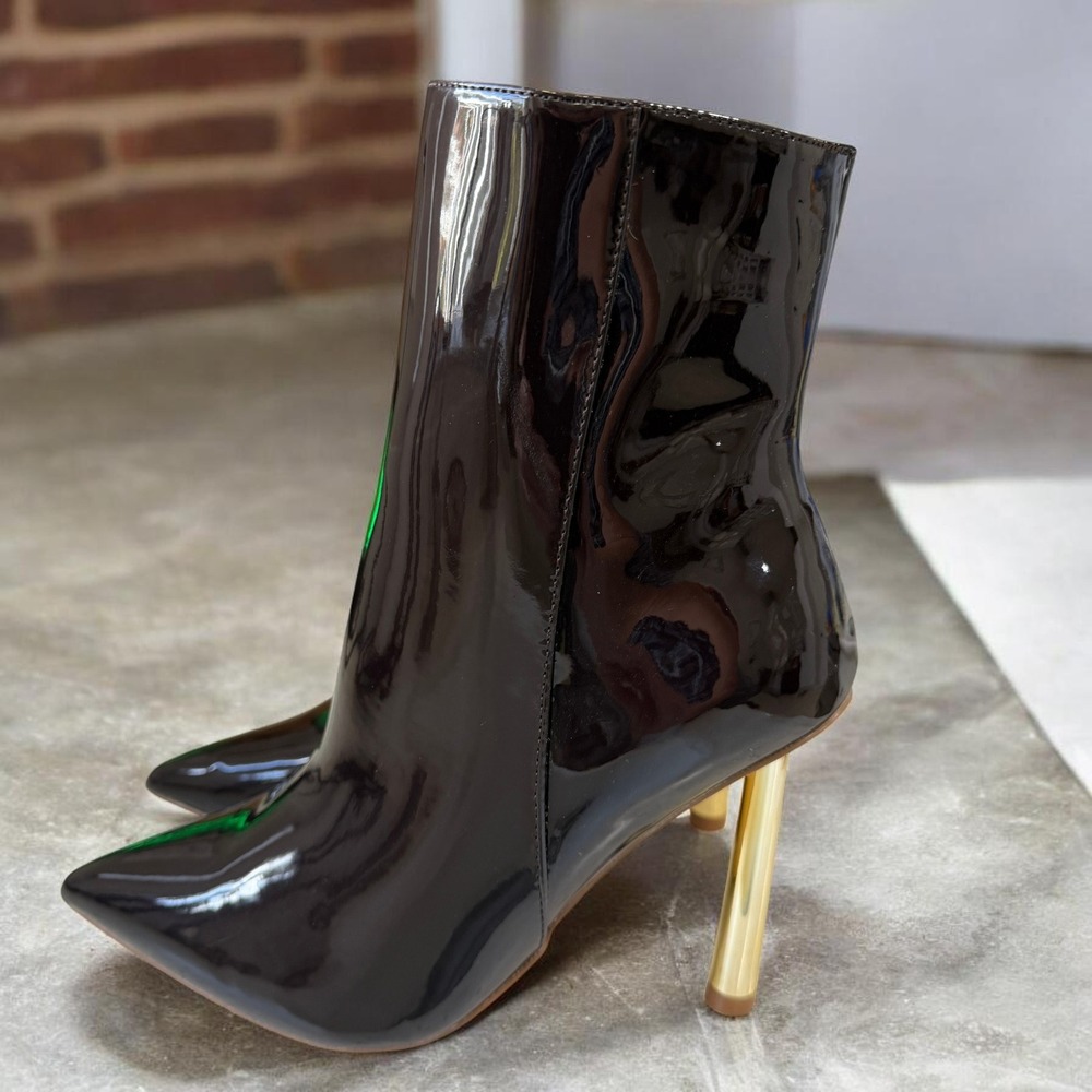 C Comfort Foam Burgundy Patent Ankle Boots Gold Heel Pointed Toe Stiletto Grunge